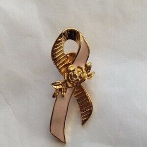 Avon Breast Cancer Awareness Pin Pink Ribbon Enamel Gold-toned Rose Vintage